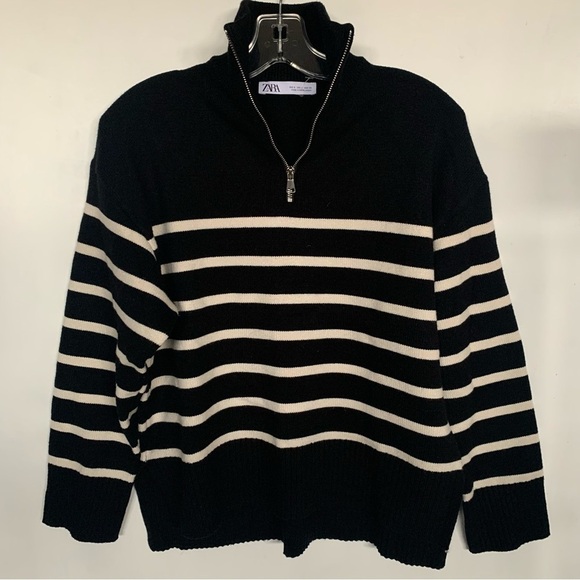 Zara 🆕 Breton Striped Marinière Sweater 1/4 Zip Parisian Chic Black Off White M - Picture 3 of 13